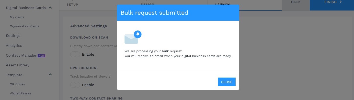 Your batch of QR Code business cards will now be generated Your batch of QR Code business cards will now be generated