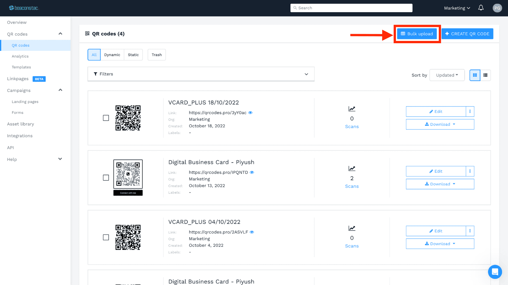 Choose ‘Bulk upload’ Choose ‘Bulk upload’
