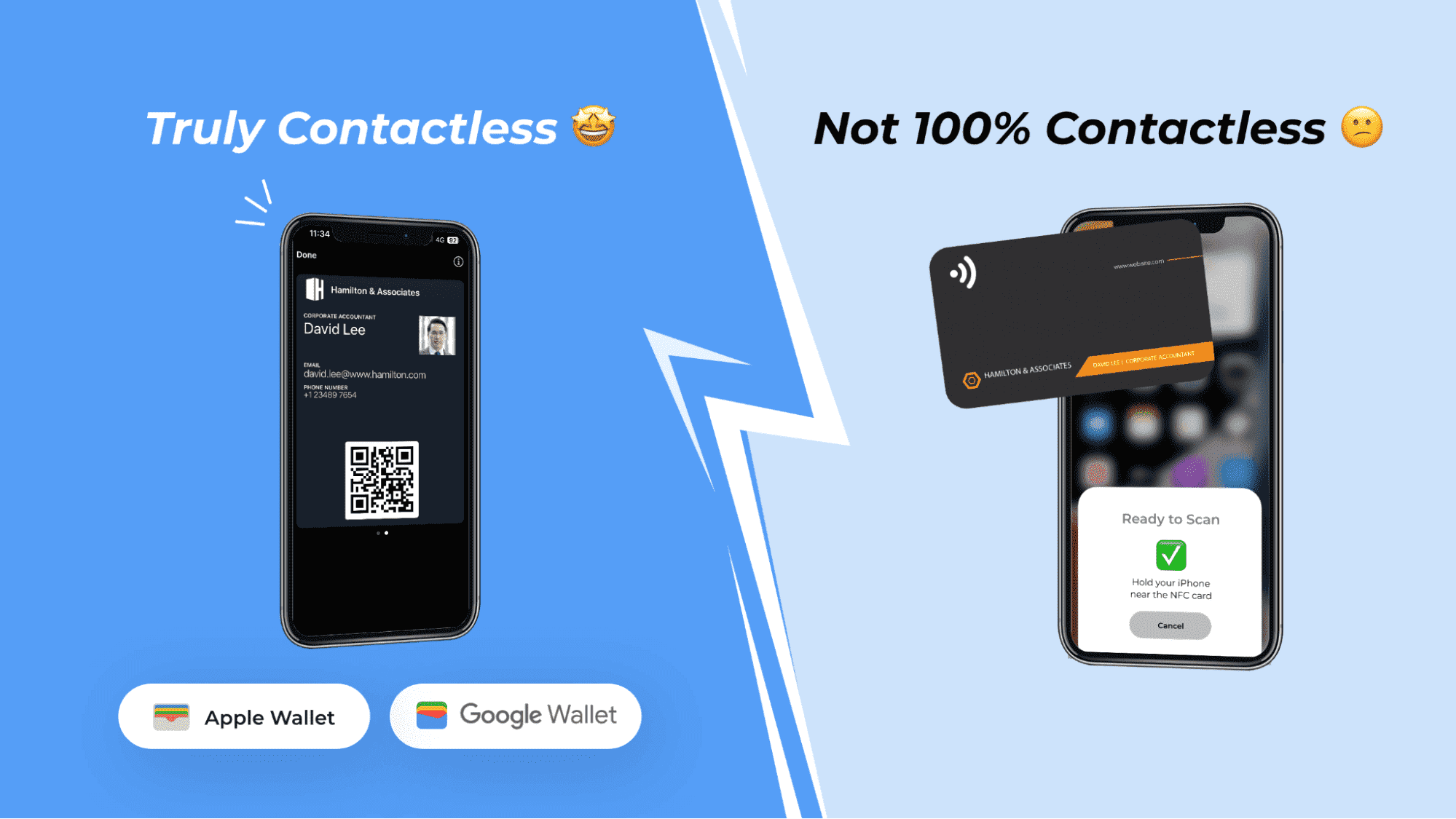A truly contactless business card can be generated and shared digitally via your Apple or Google Wallet A truly contactless business card can be generated and shared digitally via your Apple or Google Wallet