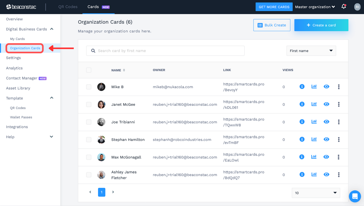 Click “Organization Cards” under “Digital Business Cards” from the left panel to view your newly-created card batch Click “Organization Cards” under “Digital Business Cards” from the left panel to view your newly-created card batch