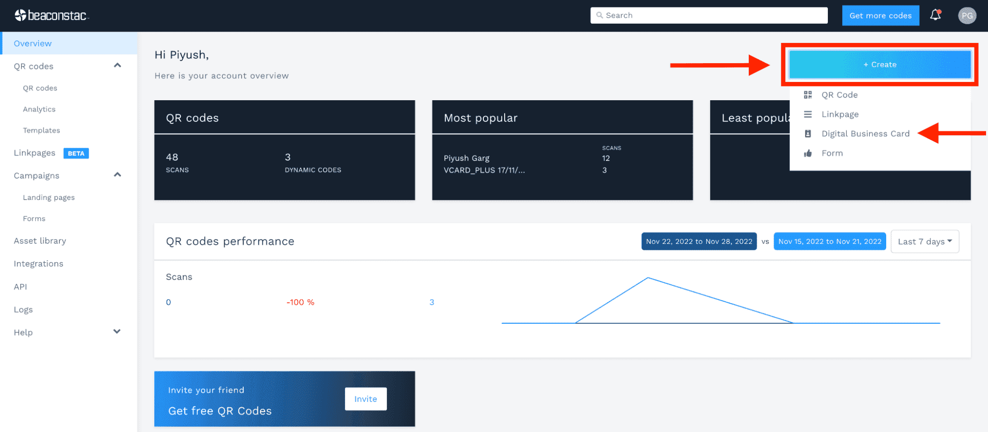 Log in to Uniqode's (formerly Beaconstac) dashboard and click on ‘+Create’ > ‘Digital Business Card’ Log in to Uniqode's (formerly Beaconstac) dashboard and click on ‘+Create’ > ‘Digital Business Card’