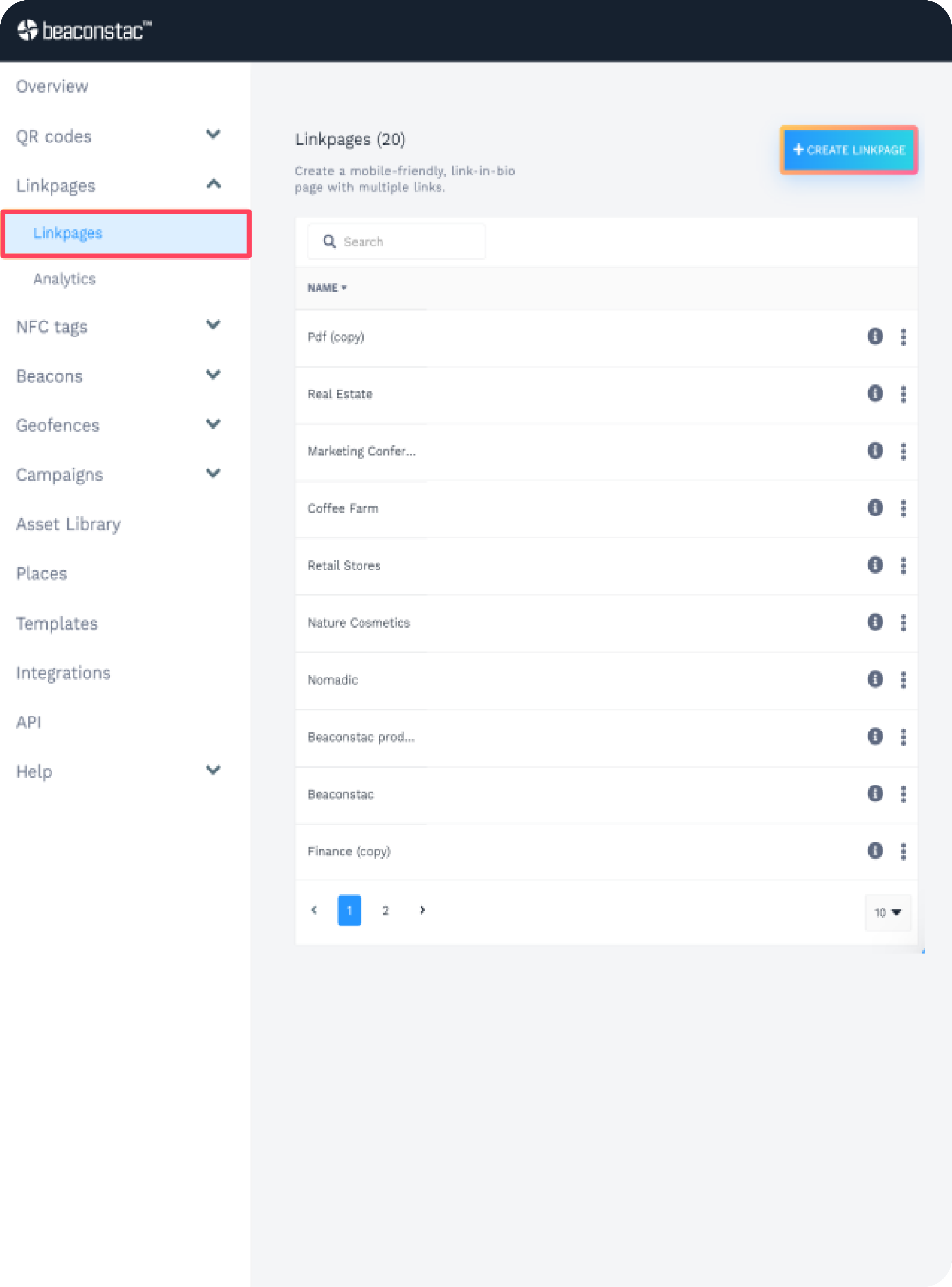 Log in to Uniqode (formerly Beaconstac) dashboard and choose Linkpages from the left-hand menu