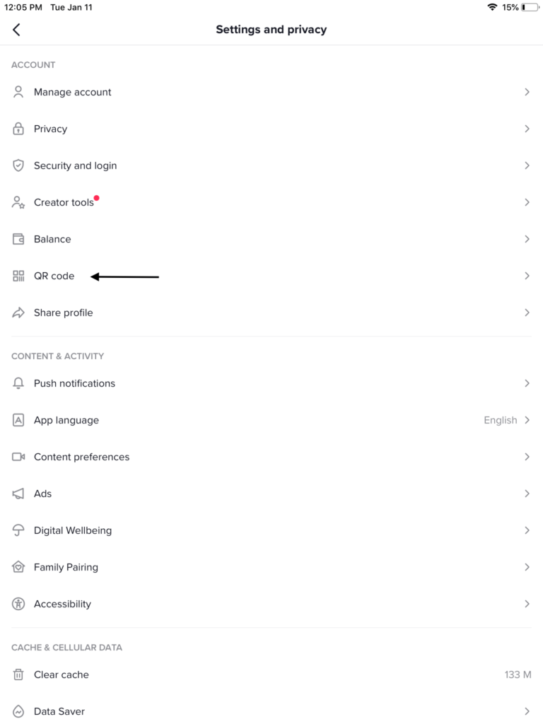 TikTok settings page TikTok settings page